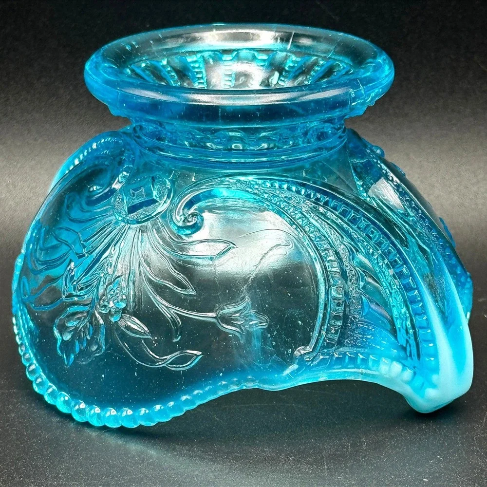 Antique Jefferson Glass Beaded Fleur de Lis Blue Opalescent Bowl c1905 Candy Nut